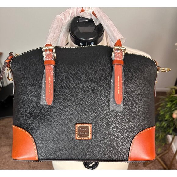 NWT  Dooney & Bourke Premium Pebble Grain Leather Satchel Handbag Black Brown - Picture 4 of 12